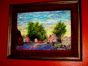 Bluebonnet Landscape in Light Rural Houses Fence Cactus Birds Blooming Trees VTG - Picture 1 of 12