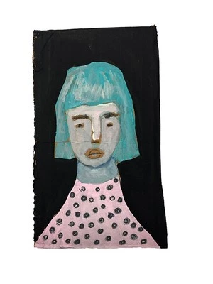Original Portrait Painting Blue Hair Naive Primitive Woman Wall Art Miz Katie - Image 1 of 4