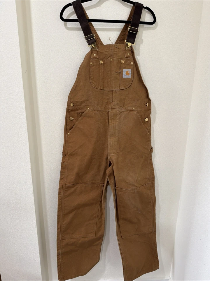 Mono con tirantes Carhartt Duck R01 BRN marrón algodón ropa de trabajo para hombre 36x32 doble rodilla Foto 1 de 4