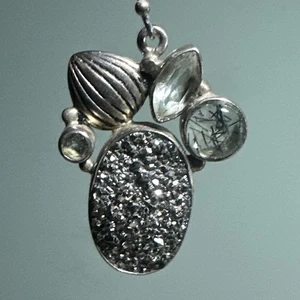 Sterling Silver 925 Druzy & Rutilated Quartz Pendant – Artisan Boho Design, 6.9g - Picture 1 of 7