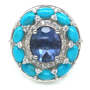 925 Silver 8 x 10 mm. Color Change Fluorite, Turquoise & Zircon Ring Size 6.75 - Picture 1 of 4