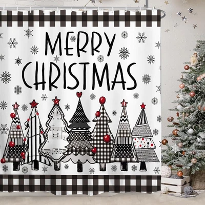 Christmas Shower Curtain Buffalo Plaid Trees Snow Winter Waterproof 72x72 - Image 1 of 4