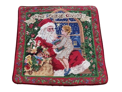 NEW Wool Needlepoint Throw Pillow Cover Christmas Tree Vintage Santa Claus Child - Image 1 of 4