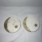 Set of Two White  Marble Coasters With Brass Inlay Moon and Star 4” Heavy