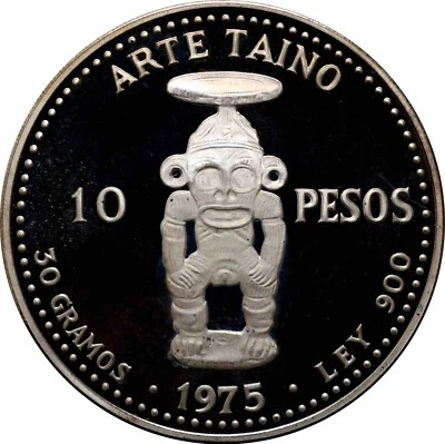 Dominican Republic 10 pesos 1975, PROOF, "Pueblo Viejo Mine, Taino Art" silver - Image 1 of 2