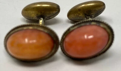 Китайский экспорт серебро Vermeil позолоченный винтажный розовый коралл лосось кабошон запонки - Изображение 1 из 4