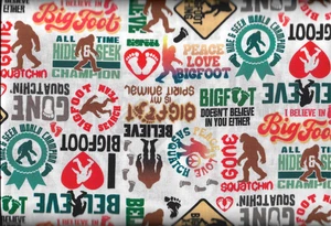 45" 100% cotton Novelty fabric "I Believe in Bigfoot"  by 3 Wishes Fabric - Picture 1 of 1