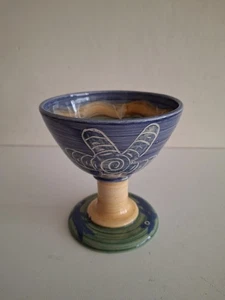 Belinda Brayshaw Pottery Goblet Chalice Earthenware Blue & Yellow Signed 11x10cm - Picture 1 of 15