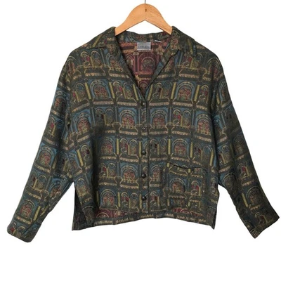 Chaqueta Top Vintage Chico's Mezcla Seda Abotonada Pequeña Verde Azul Patrón Dorado Foto 1 de 4