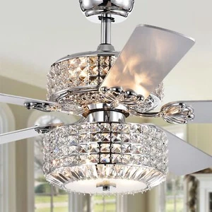 Walter Dual Lamp Chrome 52-inch Lighted Ceiling Fan w Crystal Shades w Remote - Picture 1 of 10