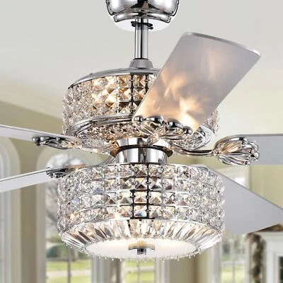 Walter Dual Lamp Chrome 52-inch Lighted Ceiling Fan w Crystal Shades w Remote - Image 1 of 4