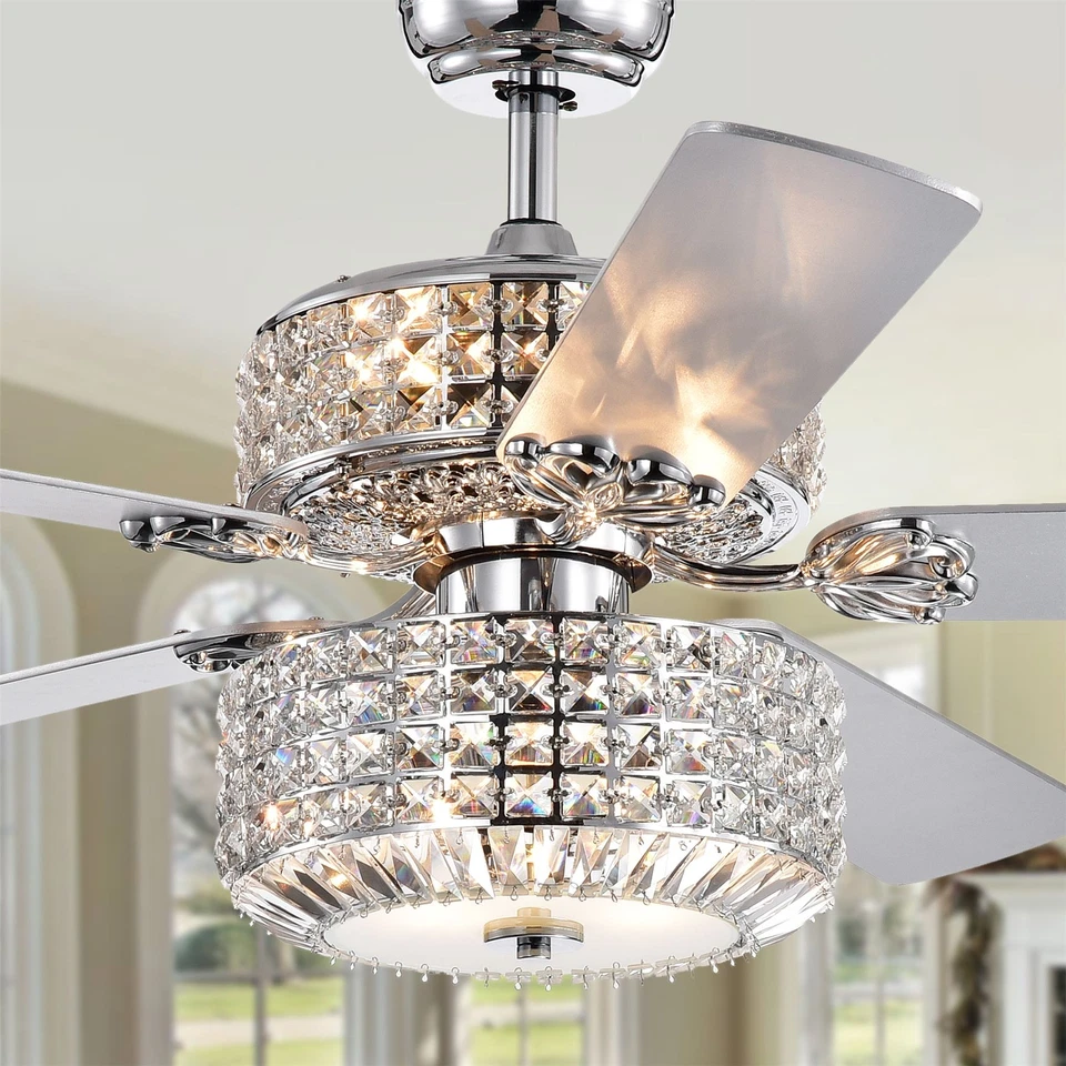 Walter Dual Lamp Chrome 52-inch Lighted Ceiling Fan w Crystal Shades w Remote - Image 1 of 4