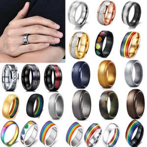 Mens Women Rings Stainless Steel Silicone Rainbow Band Gear Couple Ring Jewelry+