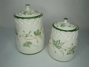 RCCL Canisters Portugal Pair 2 Cream Green Botanical Leaves Hand Paint Lids  - Picture 1 of 8