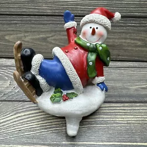Vintage Christmas Shelf Stocking Holder Hanger Snowman Red Coat Blue Pants 5” - Picture 1 of 6