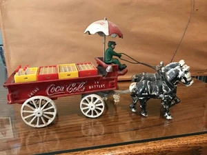 VTG Cast Iron Coca Cola Horse Drawn Wagon w/Mini Cases Bottles - Picture 1 of 10