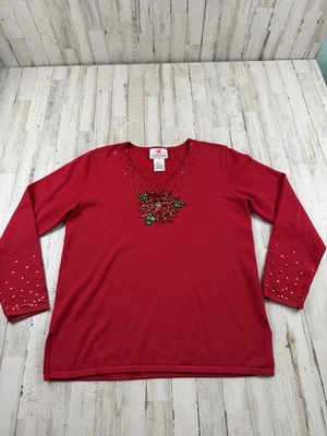 Quaker Factory Sequin and beads Poinsettia Medium Sweater - Image 1 of 4