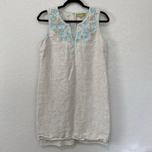 SIGRID OLSEN Signature Women's SZ 8 Linen Beige Embroidered Sheath Dress Career - Picture 1 of 7