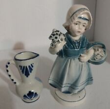 Vintage Delft Blue Hand Painted Ceramics Holland Girl Statue & Pitcher Windmill 