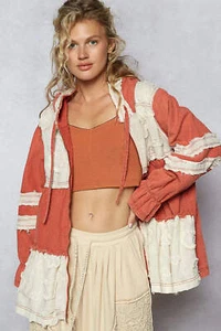 POL Color Block Sudadera con Capucha Parche de Ganchillo Chaqueta con Cremallera en Niveles en Naranja Rojo Multi - Imagen 1 de 5
