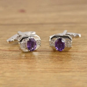 Oval Cut purple Amethyst Gemstone Men's Cuff links Sterling Silver Jewelry - Picture 1 of 3
