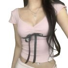 Elegant Women's Lace Up Bow Knitted T Shirt Pleated Panels Short Sleeve Top