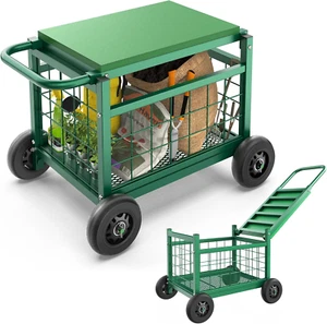 Rolling Garden Work Seat with Wheels, Heavy Duty Gardening Cart with Seat, Green - Picture 1 of 12