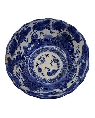 Antique Japanese Blue/White Pottery Bowl Meiji Period Transfer Pattern Karako • 29.22$