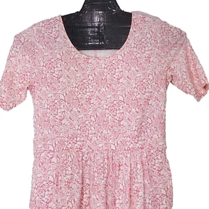 Lands End Dress M 10-12 Pink Peach Floral Short Sleeve Fit Flare Stretch Pockets - Picture 1 of 13