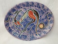 Hand Painted Aboriginal Terracotta Art Plate Kangaroo Vintage Blue