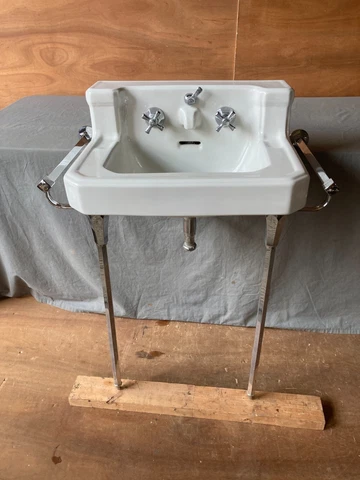 Antique White Porcelain Sink Chrome legs Towel Bars Old Vtg Standard 444-23E Cover