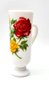 Vintage AVON Milchglas rot gelb Rosen Henkel Fuß Blumenvase 5" - Bild 1 von 5