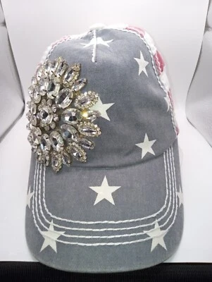 Olive & Pique Baseball American Flag Hat Bedazzled Rhinestone Crystal Flower  - Image 1 of 4