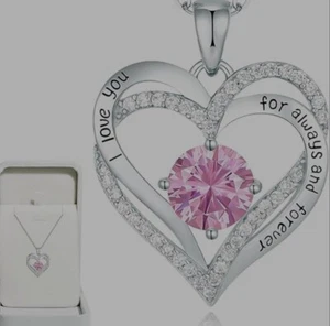 Sterling Silber I Love You Forever Always Herz Halskette Rosa Edelstein Anhänger - Bild 1 von 15