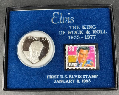 猫王普雷斯利摇滚之王第一张美国邮票 1993 年 & 0.999 纯银硬币 — 第 1/4 张图片