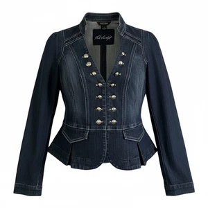 WHBM 8 M Denim Jacket Blazer Silver Buttons Military Pleats R $200 - Picture 1 of 21