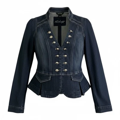 WHBM 8 M Denim Jacket Blazer Silver Buttons Military Pleats R $200 - Image 1 of 4