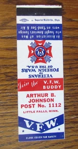 FRATERNAL V.F.W. POST 1112 MATCHBOOK COVER: LITTLE FALLS, MINNESOTA MATCHCOVER A - Picture 1 of 2