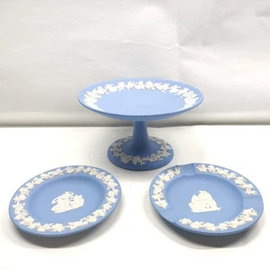 Lot Of 3 WEDGWOOD Blue Jasper ware CANDY DISH Compote PEDESTAL & Small Tray/Dish - Picture 1 of 21