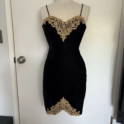 VTG  Steppin Out Velvet Dress Black Gold Mini Party Dance Date Night Prom Sz 5 Foto 1 de 4