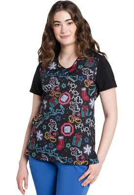 Mickey Mouse Cherokee Scrubs Tooniforms Disney Christmas V Neck Top TF639 MKWX - Image 1 of 2