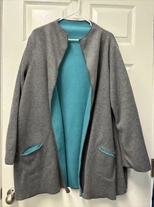 Mia Reis Women’s Open Front Fleece Jacket Duster Reversible Turquoise Gray L USA - Picture 1 of 7