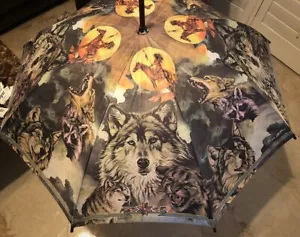 Shadow Of Wolves Umbrella Full Size Awesome Graphics Wooden Handle Bruce Lakofka - Picture 1 of 4