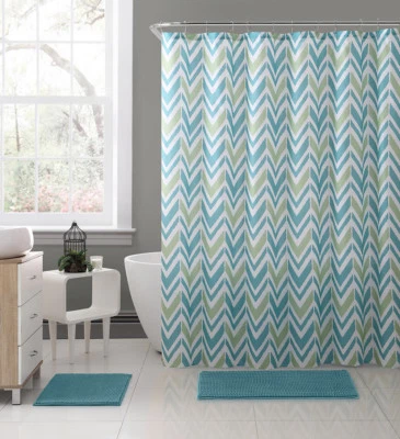 Nova Aqua Blue Green White Fabric Shower Curtain: Chevron Geometric Design  - Image 1 of 2