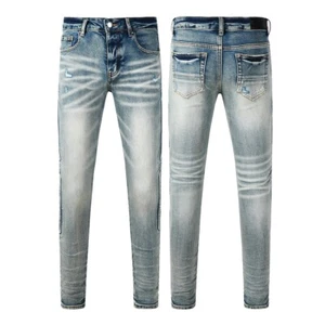 New Pop Men's Pants Side Bone Pattern Skinny Fit Creases Blue Jeans AMIR8930A - Picture 1 of 14
