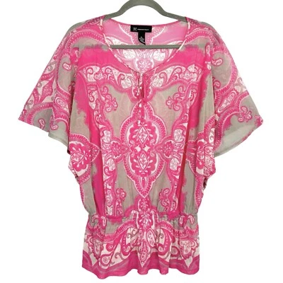 INC Y2K Fairy Grunge Whimsi Mesh Top Size L Paisley Pink Gray Embellished Boho - Image 1 of 4