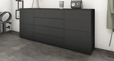 Sideboard 166cm Kommode Schrank Weiß Hochglanz Schwarz 4 Türen Modern ROVA - Bild 1 von 4