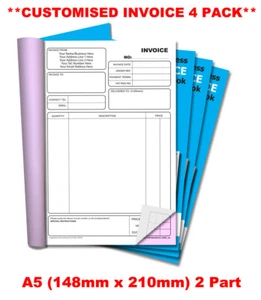 **PERSONALISED** NCR Invoice Duplicate Book A5 (148mm x 210mm) 50 sets 4 PACK - Picture 1 of 4