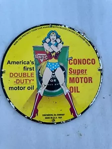 CONOCO SUPER MOTOR OIL 12' DURCHMESSER EINSEITIGES PORZELLAN EMAILSCHILD - Bild 1 von 5