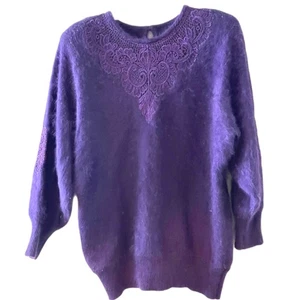 Suéter Pullover Ala de Murciélago Bordado Púrpura Angora De Colección, Almohadillas para los Hombros Talla L - Imagen 1 de 12